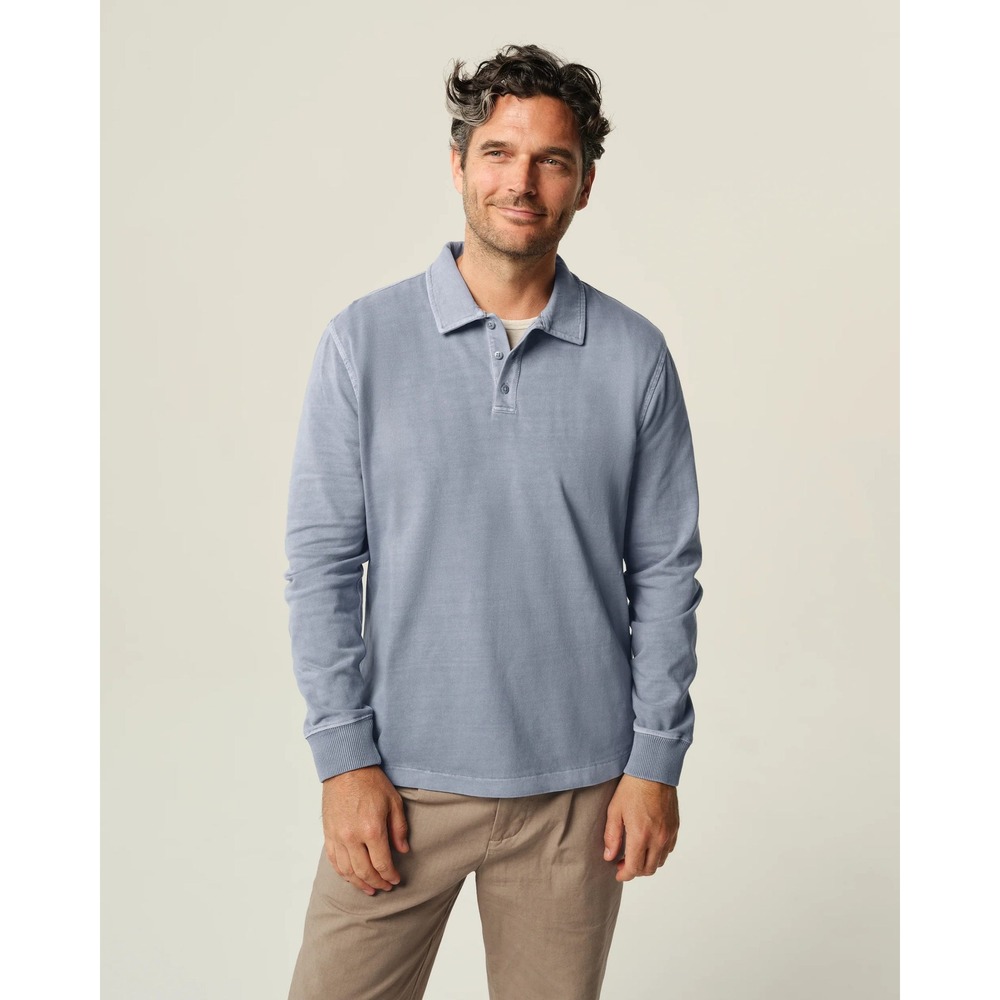 Alex Crane Caza Rugby Polo Wave Blue Organic Cotton Long Sleeve Mens Large